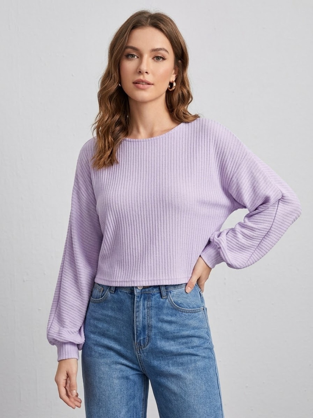 SHEIN Lavender Ribbed Scoop-Neck Long Sleeve Sweater, Soft and Loose Fitting, XL